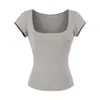 Top Casual de Corte Ajustado para Principios de Primavera y Verano, Camiseta Básica Adelgazante de Hombro Normal, Camiseta de Manga Corta Ligeramente Transparente de Tencel con Cuello en U Amplio para Mujer
