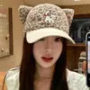 Gorra de Béisbol con Orejas de Gato y Estampado de Leopardo Dulce Linda para Mujer, Gorra de Béisbol de Ala Ancha de Tamaño Aumentado, Gorra de Moda para Cabeza Grande