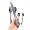 Tenedor y Cuchara de Acero Inoxidable con Mango de Textura de Diamante Creativo Juego de Cinco Piezas de Vajilla Estilo Occidental Cuchara de Postre Cuchara de Té Acabado Espejo Dorado