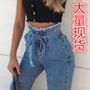 Desejo Transfronteiriço Amazon Aliexpress Jeans Feminino Cintura Alta Desfiado Cadarço Perna Larga Feminino Casual Versátil