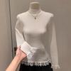 Camisa de punto con cuello medio alto y costuras de encaje de Maillard para mujer, suéter suave y encerado con interior apilado para otoño e invierno.