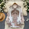 Camisa Feminina Manga Longa Estampa Floral Retro Estilo Coreano para o Trabalho Primavera Solta Cardigan Gola Lapela Botão Único Moda Top