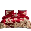 Juego de cuatro piezas para boda, todo algodón, festivo, diseño de dragón y fénix, ropa de cama de algodón puro para bodas, recién casados y parejas recién casadas, con una funda de edredón rojo brillante