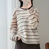 Top de Base Rayado Suave Hueco 100% Lana para Mujer Otoño Invierno Cuello Redondo Ropa de Oficina Suéter de Bloque de Color Manga Larga