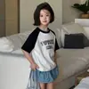 Tutu Elefantito Ropa Infantil Camiseta de Manga Corta para Niñas 2026 Verano Nuevo Estilo para Niños Mayores Camiseta Fresca de Manga Raglán Color Block