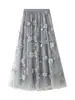 Falda Larga de Malla Bordada Floral Resistente en Stock, Nueva de Primavera, Línea A, Artística, de Cintura Alta, Negra
