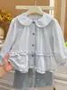 Nueva colección de otoño de algodón puro, camisas estilo baby doll con encaje a cuadros estilo coreano para niñas, camisas de moda para bebés, camisas infantiles y ropa infantil
