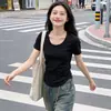 Camiseta Blanca de Algodón Puro con Hombros Normales, Mangas Cortas, Corte Ajustado, Cuello Redondo, Top Básico Versátil para Mujer en Verano