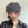 Chapéu Oitavado Cacheado Retrô Chapéu Britânico Artístico de Pintor com Xadrez de Primavera para Crianças Boina Plissada Xadrez Japonês
