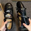 Sapatos baixos rasos estilo bailarina com laço, estilo francês, para mulheres, novidade outono 2026, sapatos Mary Jane vintage de couro macio com tira cruzada