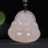 Atacado de fábrica pingente de lótus de jade raiz de lótus rosa abraçando Buda pingente de Buda sorridente Maitreya escultura tridimensional dupla face de jade azul e branco