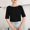 2025 Nuevo Verano Algodón Puro Cuello de Línea Única Tejido de Punto Camiseta de Manga Corta para Mujer Jersey Color Puro Suelto Camiseta Básica