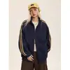 Chaqueta retro americana con cuello alto y tres rayas para hombre, chaqueta de otoño moderna holgada con doble cremallera, abrigo cárdigan para pareja