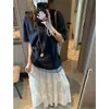 Moand Verano Doble Jugada Sentido del Diseño Malla Falso Dos Piezas Costura Casual Holgada Camiseta de Manga Corta MQ0519