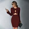 Roupas Femininas Europeias e Americanas Transfronteiriças 2026 Novo Estilo Sexy Vazado Saia Curta Vestido Longo de Manga Longa Bodycon com Mangas Flare Waffle