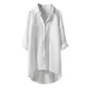 Camisa de Moda de Color Sólido Transfronteriza Europea y Americana para Mujer Estilo Casual Algodón Lino Holgada Bolsillo Doble Camisa de Longitud Media