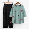 Verano Nuevo Ropa para Mujer de Mediana Edad y Adulta Mayor Talla Grande Estilo Étnico Bordado Manga Tres Cuartos Traje Camiseta Estilo de Mamá Top