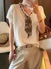 Top de verano para mujer, nuevo, a la moda, elegante, con bufanda de seda y mangas acampanadas, camiseta de punto de seda helada