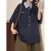 Camiseta de Manga Corta Holgada Estilo Retro de Verano para Estudiantes Hombres y Mujeres con Top de Cuello Polo Empalmado Falso de Dos Piezas