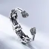 Pulsera de Calavera de Plata de Ley 925 al por Mayor para Hombre Pulsera Abierta Ajustable Plata Tailandesa Retro Punk de Moda Joyería Antigua