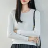 Suéter tejido de punto 100% algodón acanalado de cuello redondo estilo minimalista para mujer, manga larga, corte holgado, versátil, camiseta base adelgazante, top suéter
