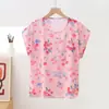 Camiseta de Algodão e Seda Fina de Manga Curta para Verão para Mulheres de Meia-Idade e Idosas, Peça Externa Solta de Tamanho Grande, Top Floral Fashion