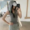 Camiseta com capuz e cordão estilo americano picante para garotas, com meia-abertura, nova, acinturada, emagrecedora, de verão, sem mangas, para mulheres 26214