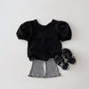 Roupas infantis para meninas, verão, cor sólida, alça cruzada, manga bufante, algodão, top casual, manga curta