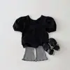 Estilo Coreano Roupas de Bebê e Crianças Meninas Verão Cor Sólida Alça Cruzada Manga Bufante Algodão Casual Top Doce Manga Curta Camiseta