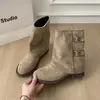 Ladex nuevo 2026 tacón grueso moda otoño pantalones adelgazantes versátiles botas botines con hebilla de cinturón y diseño plisado