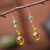 Pendientes de Cera de Abejas de Plata 925 Estilo Étnico para Mujer Pendientes Retro de Ámbar Estilo Chino con Productos de Cera Amarilla Antigua Grasa de Pollo Cloisonné