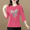 Comércio Exterior Transfronteiriço Desembaraço de Comércio Exterior Estoque Marca Grande Etiqueta Cortada Roupa de Mãe Meia-Idade e Idoso Camiseta de Manga Três Quartos Camada de Base da Moda Top