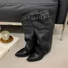 Versión de Cuero Suave~Botas de Pantalón Puntiagudas para Mujer 2026 Otoño Nuevas Botas Altas Retro con Hebilla de Cinturón de Remaches Tacón Grueso Botas Largas