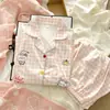 Conjunto de Pijama Feminino Estilo Japonês Xadrez Rosa Gatinho para Primavera e Outono, Conjunto de Duas Peças com Gola Cardigã, Pode Ser Usado Fora ou em Casa
