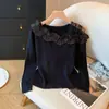 Camiseta Básica de Manga Larga con Inserciones de Malla Estilo Francés de Terciopelo Inspirada en Chanel, Nuevo Top Elegante Adelgazante para Otoño e Invierno