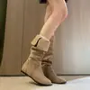 Encuentro de Primera Temporada Bota Vaquera de Nicho Estacional de Dos Formas para Mujer con Tacón Oculto, Gamuza Retro, Efecto Adelgazante, Botas Altas de Monta