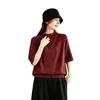 Novedad de Principios de Otoño 2026: Camiseta de Punto para Mujer con Cuello Medio Alto, Top Holgado de Color Sólido con Botones, Manga Media Versátil Capa Base MHT