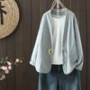 Foto Real de Nuevo Cardigan de Algodón y Lino de Otoño con Bordado de Abanico y Botón de Perla para Mujer Estilo Chino Retro Literario Casual Holgado