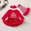Venta directa de fábrica vestido navideño para niña pequeña enterizo de malla con lentejuelas de manga larga para bebé con diadema y calentadores de piernas conjunto
