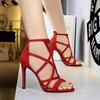 83121-1 Sandalias de Tacón Súper Alto Estilete Estilo Romano Europeo y Americano Ante Calado Sexy para Discoteca Sandalias de Tacón Alto de Verano