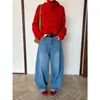 Jeans Icciicc Treze Linhas Relaxado Solto Flocado para Mulheres com Corte Curvo para Cobrir os Quadris 10673