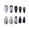 Artículo popular de comercio exterior: Uñas postizas de Halloween de 24 piezas, diseño de fantasma de dibujos animados agrietado con purpurina, forma de almendra larga versátil, venta al por mayor
