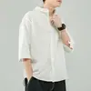 Camisa de Lino Estilo Chino para Hombre Camisa Blanca de Manga Corta Chaqueta Casual Holgada de Algodón y Lino para Verano Top de Manga Tres Cuartos para Hombre