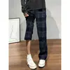 Pantalones a cuadros tie-dye estilo retro americano azul marino para hombre, pantalones de otoño de pierna recta acampanada con un look deportivo casual que estiliza.