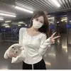 Camiseta Larga de Patchwork Rosa Estilo Puro Deseo con Ribete de Encaje para Mujer, Nuevo Top Ajustado para Principios de Otoño