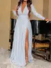 TD2506 Europeo y Americano Nuevo Comercio Exterior Primavera y Otoño Vestido Sexy Abertura Color Sólido Lentejuela Largo hasta el Piso Vestido de Noche