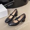 Sapatos de Salto Grosso Simples de Pele de Ovelha de Primeira Camada Pretos para Mulheres, Temporada Primavera/Verão 2026, Couro Genuíno por Dentro e por Fora, Sapatos Femininos Confortáveis, Sapatos Simples de Couro Genuíno Retrô