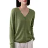 Cárdigan de punto retro de una sola línea sin costuras con cuello en V para mujer, nuevo modelo 2026, chaqueta suéter de lino Tencel verde, top fino