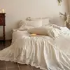 RetroismEstilo Francês de Luxo Feminino Linho Algodão Estilo Princesa Bordado Conjunto de Cama de Quatro Peças com Bordas Franzidas