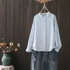 Camisa de gasa de algodón impresa con cuello de solapa artístico estilo japonés para mujer, colección de otoño 2026, top casual holgado de manga larga